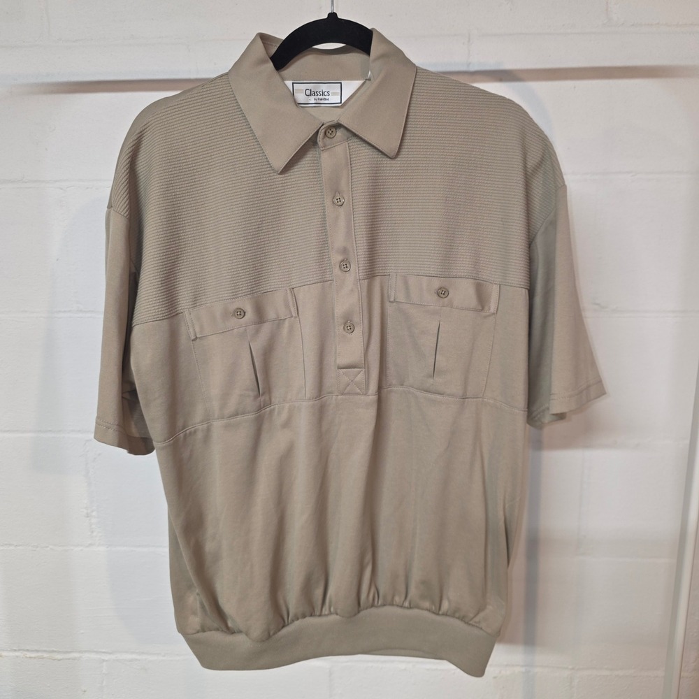 Vintage Classics by Palmland Mens M Khaki Textured Banded Hem Polo Shirt Neutral